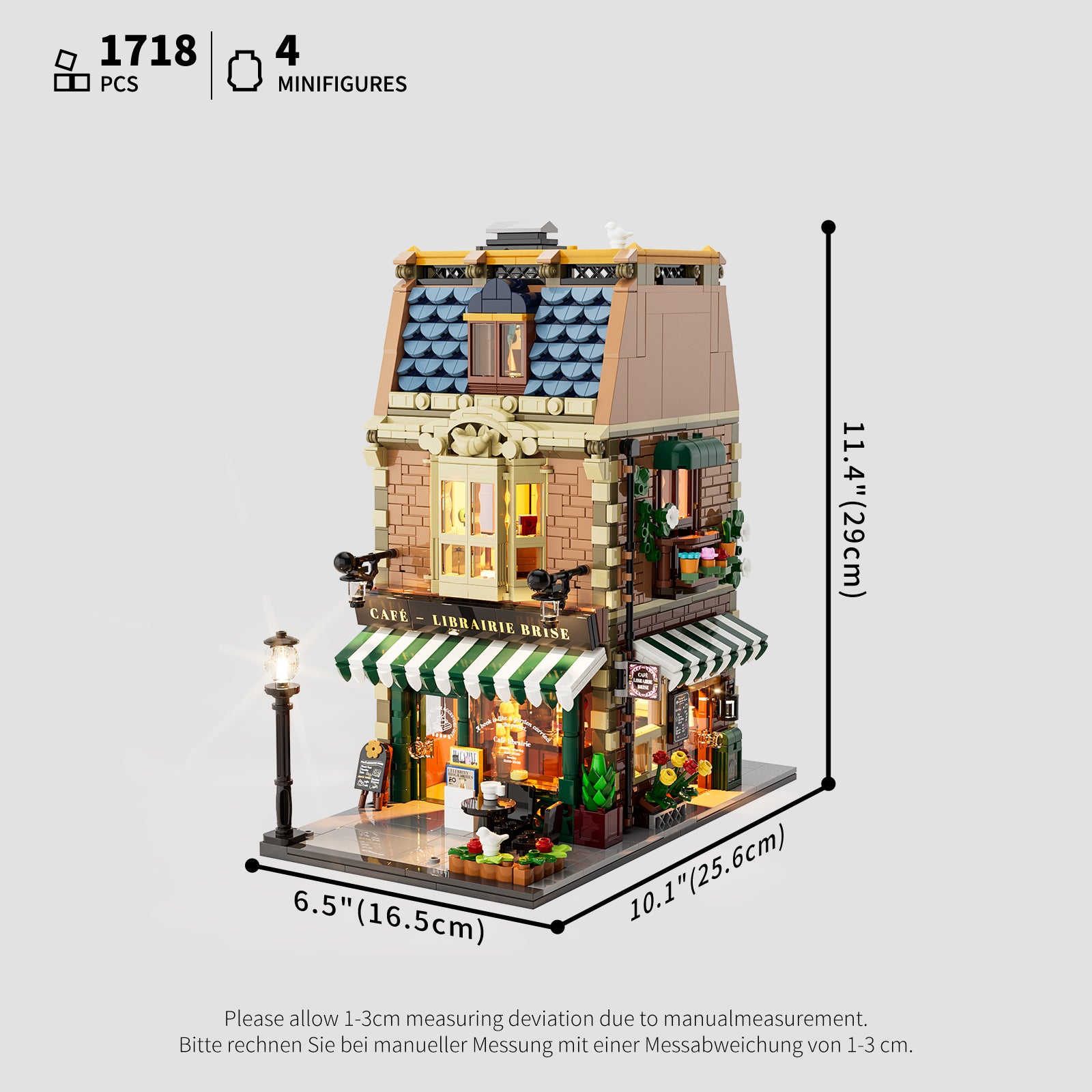 Lumibricks Book Cafe final display shot with LED lighting in evening setting